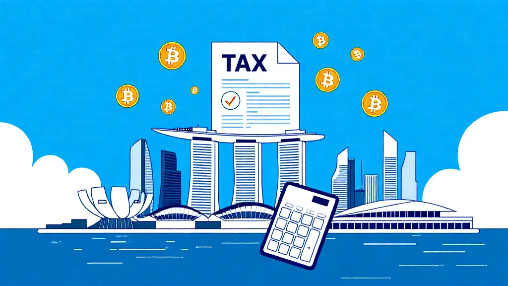 Singapore skyline with cryptocurrency symbols and tax documents